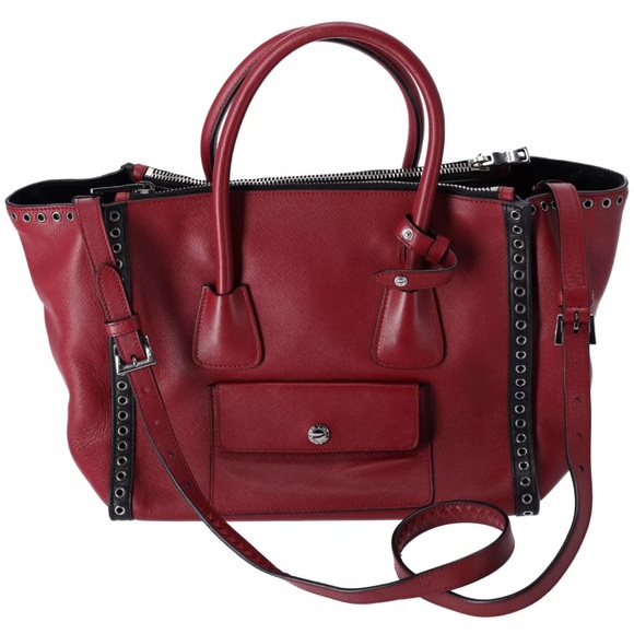 Prada Twin Pocket Medium Tote Embroidered Saffiano Red Multi - Picture 4 of 12